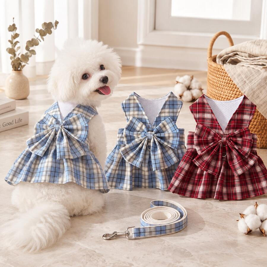 1pc Plaid Dog Dress Harness & Leash Set, Cute Bow Princess Style Pet Dress, Adjustable Breathable Harness, Suitable For Puppies, Small Dogs And Cats, Pet Walking Set - Multicolor - View 1