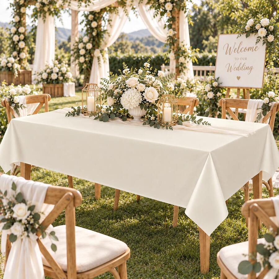 1pc Beige Rectangular Disposable Plastic Tablecloth, Ivory Cream Table Cover For Birthday Party, Wedding, Bridal Shower, Anniversary Celebration Decoration - Beige - View 1