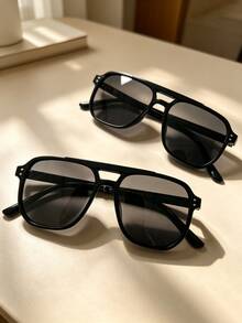 2pcs Men's Geometric Double Bridge Frame Colorful Lens Fashion Glasses, Retro Style, PC Polycarbonate Frame And Lens, Suitable For Music Festival Streetwear Accessories - A12PC - View 1