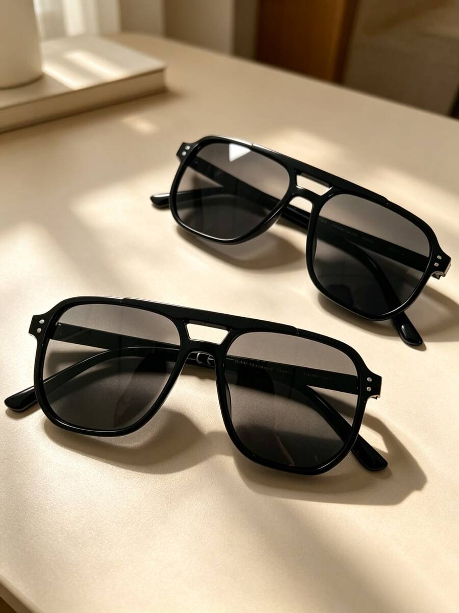 2pcs Men's Geometric Double Bridge Frame Colorful Lens Fashion Glasses, Retro Style, PC Polycarbonate Frame And Lens, Suitable For Music Festival Streetwear Accessories - A12PC - View 1