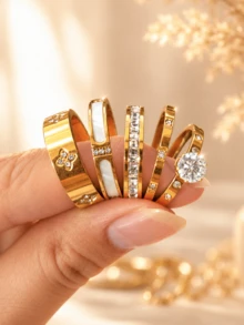 1/5件組女款金色時尚高端可疊戴戒指，18K鍍金304不鏽鋼，防鏽防水低過敏幸運疊戴飾品，情人節聖誕節禮物，亦適合日常配戴 - 金色15 - 查看 2