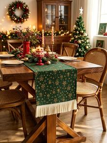 1PC Green Table Runner With Gold Bell & Snowflake Pattern, Foil Print, Farmhouse Christmas Style, Woven Fabric With Tassel Edge, Washable & Wrinkle Resistant, Decorative Table Runner For Dining Table, Coffee Table, Xmas Holiday Party Decoration - Green - View 15
