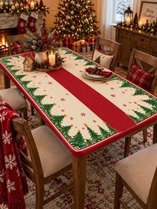 1PC Red Cream Christmas Tree Snowflake Stretch Tablecloth, Festive Holiday Style Polyester Spandex Round & Square Fitted Edge Table Cover, Elastic Snug Fit Protector For Christmas Dinner Party Kitchen Dining Room Winter Decor - Multicolor - View 12