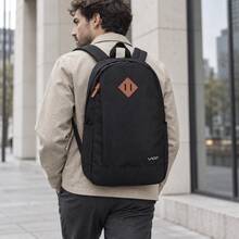 Black Water-Resistant Nylon Backpack 24L Large Capacity Unisex Daypack With Leather Patch Front Pocket For Travel School Work - Black - View 1