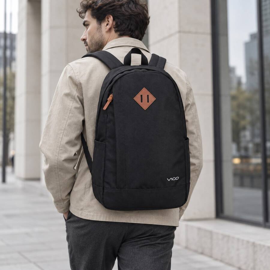 Black Water-Resistant Nylon Backpack 24L Large Capacity Unisex Daypack With Leather Patch Front Pocket For Travel School Work - Black - View 1