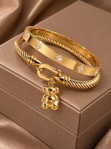 Camhanno 1pc Gold Stainless Steel Bear Pendant Twisted Open Bangle Bracelet With CZ Flower Inlay, Women's Daily Jewelry - Gold - View 2
