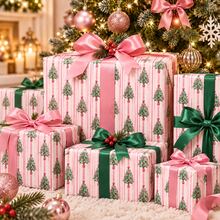 17in*9.8ft Pink Christmas Wrapping Paper Roll, Vintage Christmas Tree Gift Wrapping Paper With Bow Ribbon And Striped Pattern, Holiday Wrapping Paper For Christmas Gifts, Party Decor And DIY Crafts - 9.8FT - View 7