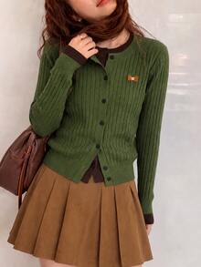 Women's Autumn/Winter Minimalist Casual Cute Versatile Colorblock 2 In 1 Knit Cardigan Sweater Jacket - Green - View 3
