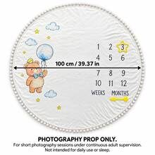 Round Baby Monthly Milestone Blanket, Teddy Bear Balloon Print, 1-12 Weeks & Months Growth Photo Backdrop With Pom Pom Trim, Newborn Photography Props - Multicolor - View 7