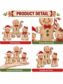 3pcs/Set Christmas Gingerbread Man Set, Farmhouse‑Style Gingerbread Figurines, Christmas Table Centerpiece, Window Display Decorations, Tabletop Ornaments, Holiday Decor Props - Multicolor - View 5