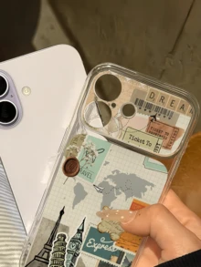 1件透明印章與建築拼貼個性化極簡防震軟TPU全包防污手機殼，適用於Apple 18 17 16 15 14 13 12 11 Pro Max Air - 彩色 - 查看 3
