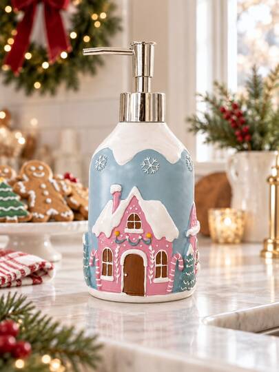 1pc Christmas Gingerbread House Soap Dispenser, Pastel Pink Snowy Cottage Pump Bottle For Liquid Hand Soap, Festive Bathroom Countertop Decor And Holiday Kitchen Sink Accessory For Home