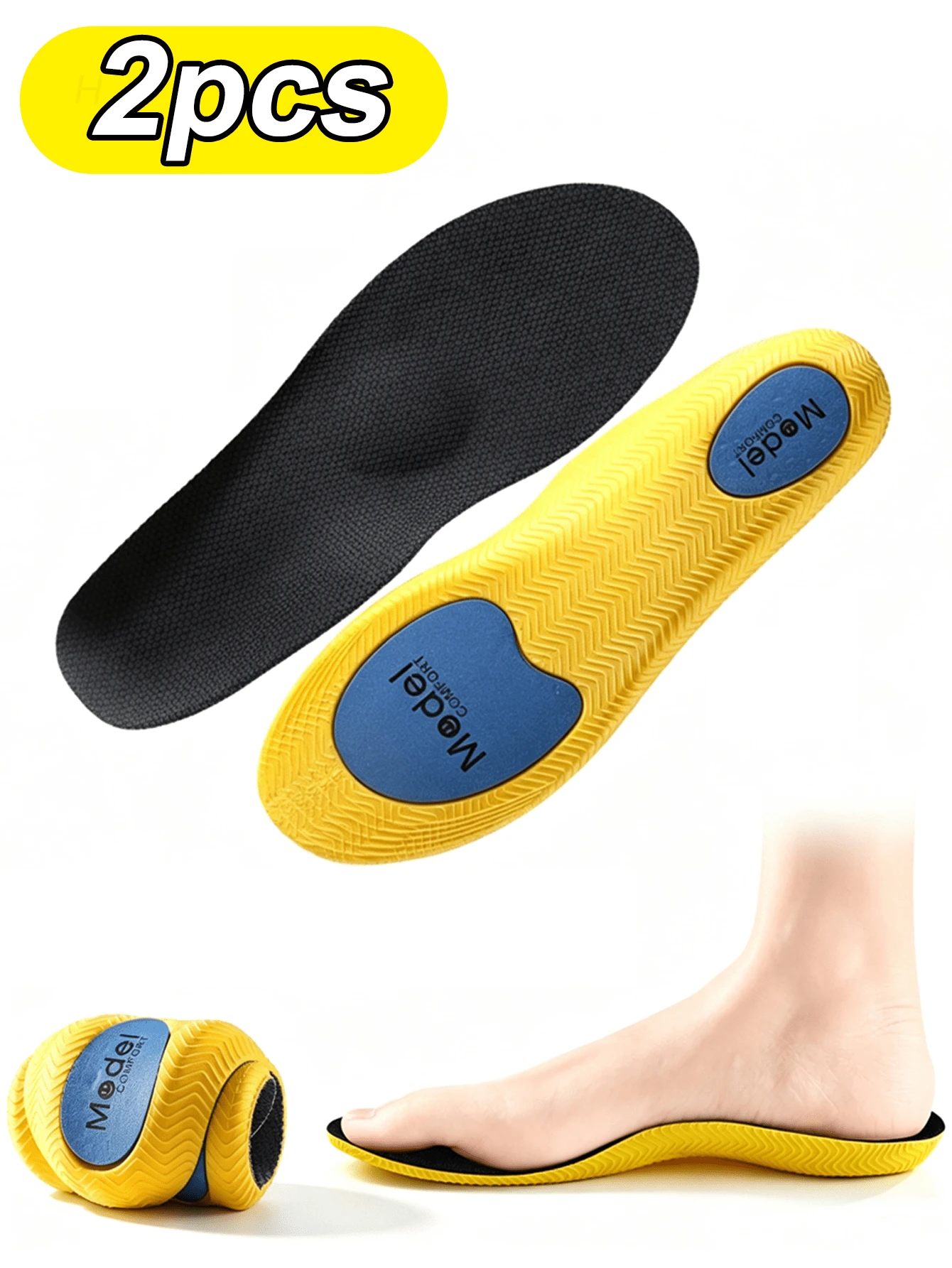 1/2Pairs Arch Support PU Sports Insoles, High Elasticity, Shock Absorption, Sweat-Wicking, Breathable, Anti-Slip - Black - View 1