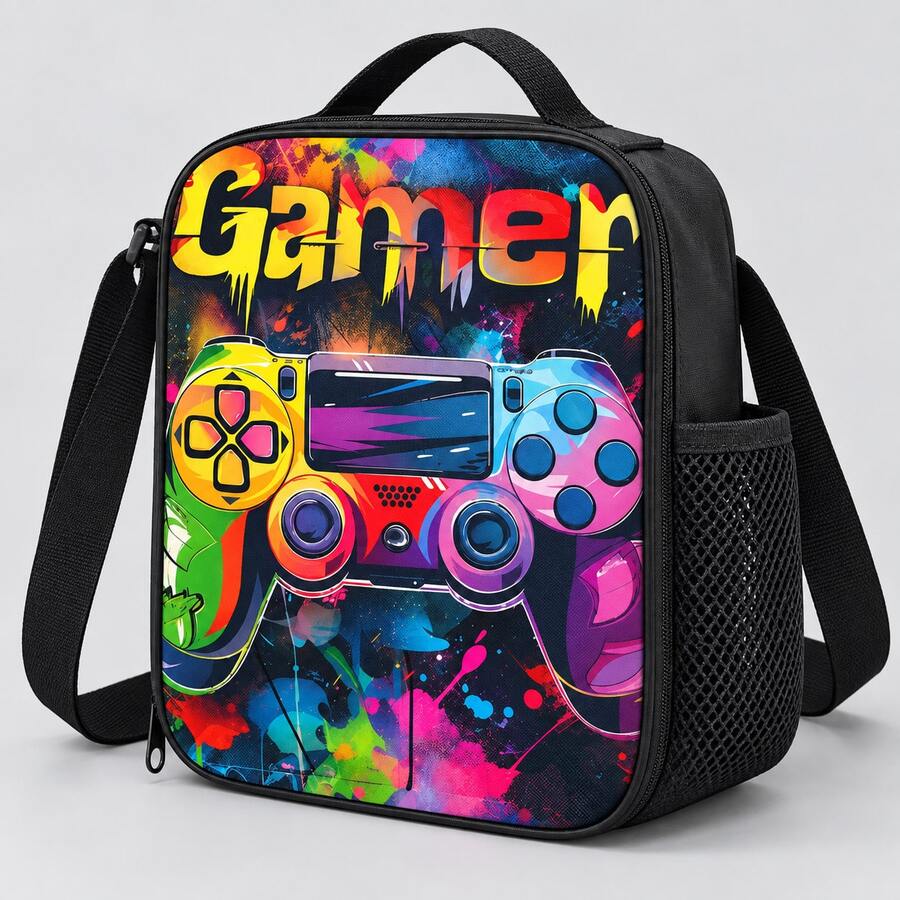 Colorful Game Controller & Graffiti Print Boy Teen Lunch Bag, Black Zipper Handbag With Top Handle, Shoulder Strap And Side Mesh Pocket - GAME-13 - View 1