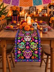 1pc Colorful Day Of The Dead Skull Table Runner, Rustic Boho Linen Rectangular Table Scarf With Calavera Faces, Marigold Blooms, Botanical Motifs & Decorative Edge, Reusable Dining Decor For Ofrenda, Halloween Party, Kitchen & Fall - Multicolor - View 7