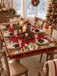 2pcs Red Buffalo Plaid Nativity Elastic Tablecloth Set, Vintage Christmas Stretch Polyester Round & Square Fitted Table Covers With Snug Edge, Wrinkle-Resistant Decor For Holiday Dining, Party, Kitchen & Winter Home - Multicolor - View 8