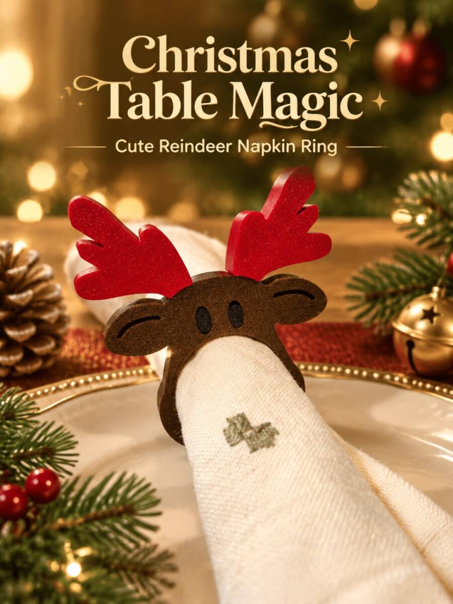 1/4pcs Christmas Reindeer Shaped Wooden Napkin Rings, Brown Tableware Buckles, Christmas Reindeer Design, Suitable For Christmas, Halloween, New Year, Wedding And Various Holiday Party Table Decoration - Rust Brown - View 1