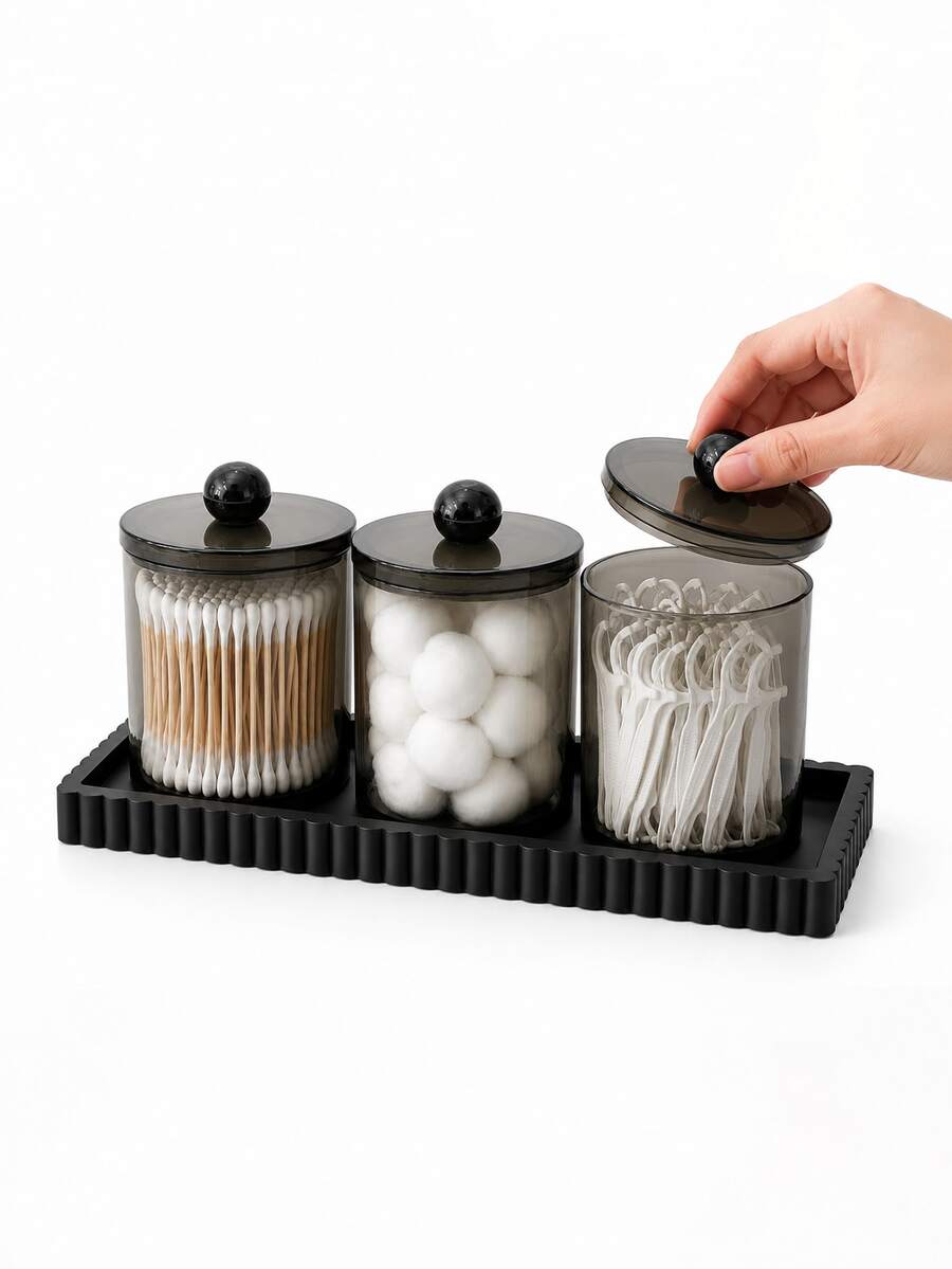 1/2/3/4Pcs Plastic Bathroom Storage Jars With Lids And Black Silicone Tray, Cotton Swab Holder, Cotton Ball And Floss Organizer For Vanity Countertop - Multicolor - View 1
