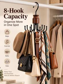 Vintage Style Wooden & Iron Rotating Storage Hook Rack, 8 Curved Round Head Hooks, 360° Rotating Design, Space-Saving Vertical Hanging Organizer, Suitable For Handbags, Scarves, Belts, Hats, Ideal For Daily Home Storage, Bedroom And Closet Use, All Seasons - Multicolor - View 3