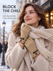 Women's Winter Warm Solid Color Gloves, Five-Finger Design With Decorative Buckle Strap, Soft Lining With Touchscreen Fingertips, Windproof Elastic Gloves, Suitable For Commuting, Driving, Walking, Traveling, Outdoor Activities, Christmas And Cold Weather - Multicolor - View 2