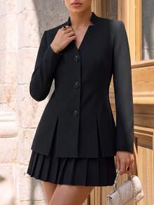 minisummer Women Elegant Fall Black Stand Collar Blazer, Three Button Fitted Waist Long Sleeve Notch Collar Office Work Jacket - Black - View 9