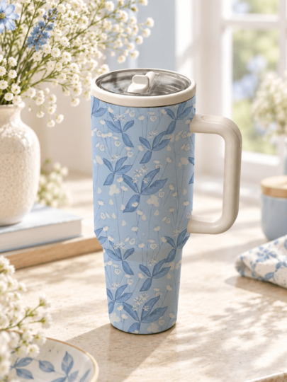 1pc 40oz Blue Floral Insulated Tumbler With Handle And Lid, Stainless Steel Vacuum Travel Mug For Hot & Cold Drinks, Large Capacity Reusable Water Cup, Cup Holder Friendly For Car, Office, Gym, Outdoor, Gift For Women