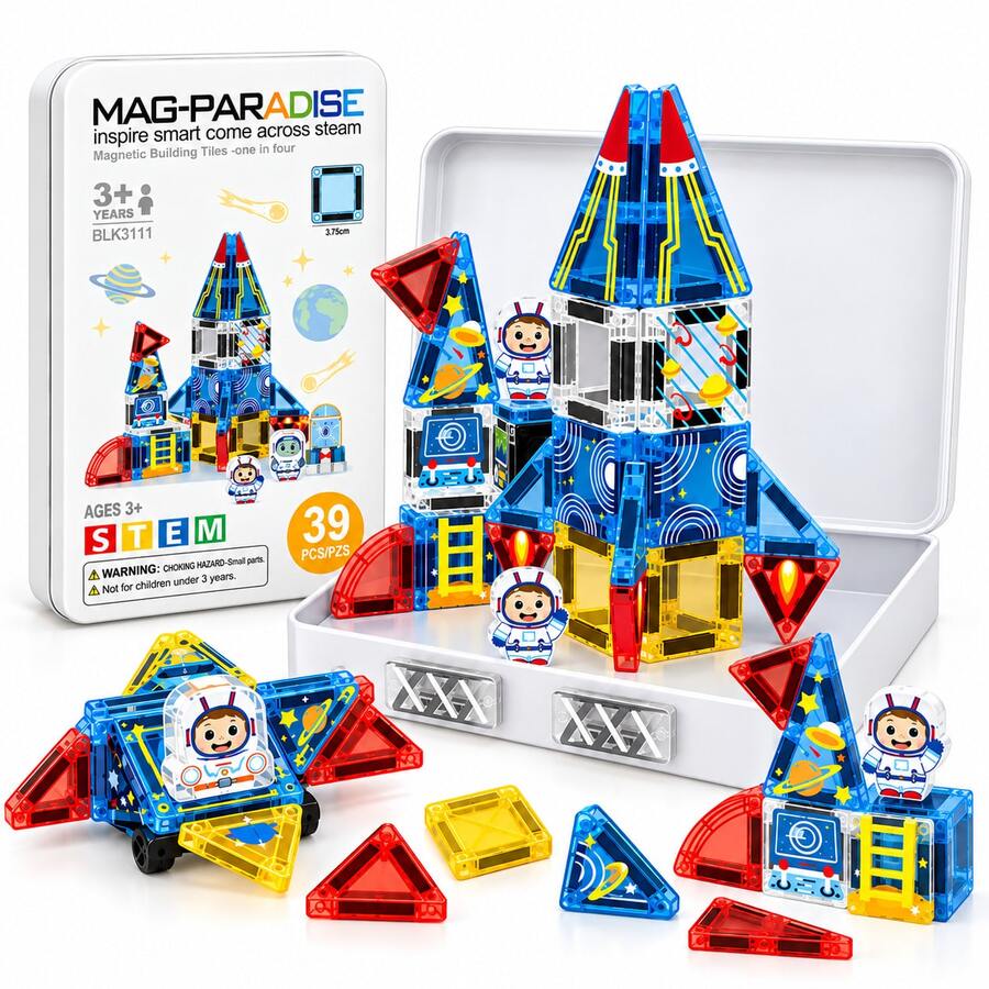Space Theme Magnetic Building Blocks Set, STEM Mini Travel Magnetic Tiles, Children's Educational Construction Toy, Learn Assembling/Building/Constructing, Develop Creativity And Spatial Thinking, Suitable For Boys And Girls 3+ Years Old As Birthday Gift, Learning Gift - Multicolor - View 1