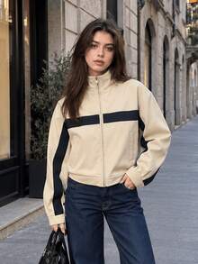 Women's Fashion Long Sleeve Baseball Jacket, Stand Collar Design, Front Zipper Closure, Side Stripe Detail, Suitable For Autumn Wear - Khaki - View 1