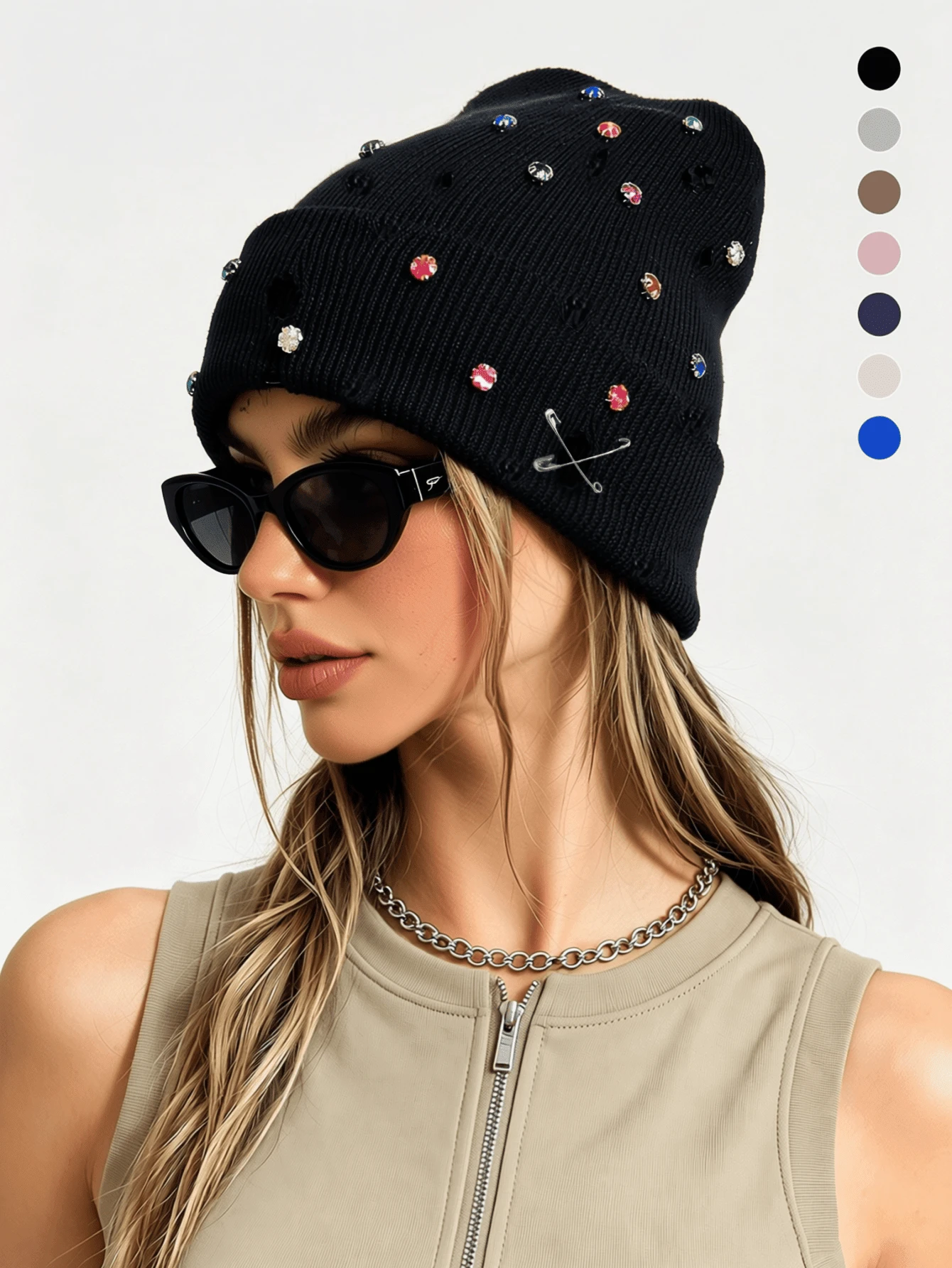 1pc Colorful Rhinestone Brooch Decor Minimalist Fashion Shiny Beanie Hat For Women And Men - Multicolor-b - View 1