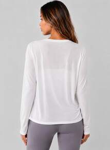 Never me Women's Outdoor Hollow Out Cold Shoulder Long Sleeve Breathable Quick-Dry Side Slit Loose Fit Sports Cover-Up - White - View 5