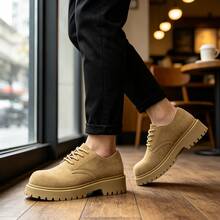 Solid Color Western Style Derby Big Toe Shoes, Retro Thick Sole Work Boots, Suede Low-Top Lace-Up Durable Boots, Casual Leather Shoes - Camel - View 3