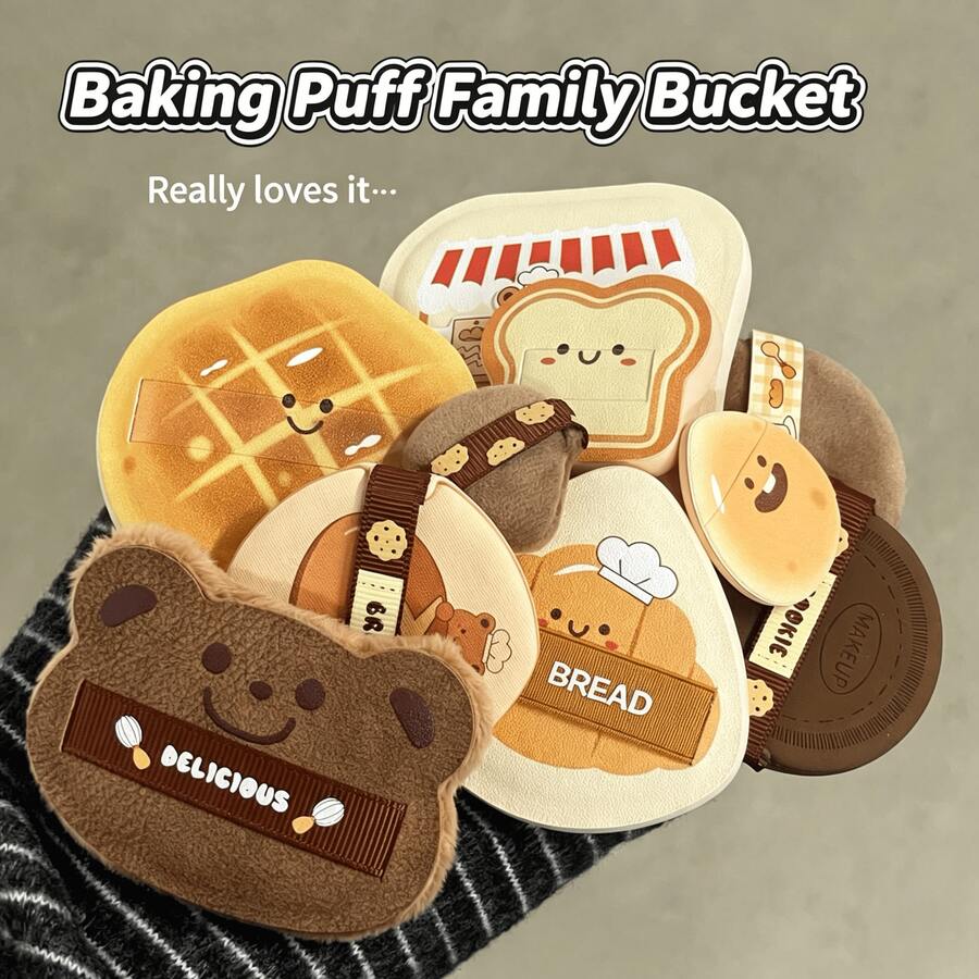 Faiccia Cute Baking Series Makeup Puff Set, Soft Bear & Toast Shape Powder Puff, Wet & Dry Use Foundation Sponge, No Powder Absorption Beauty Tool The Powder Puff Is Made Of High-Quality Soft Material, Bouncy And Elastic, Gentle On Skin, No Irritation.
