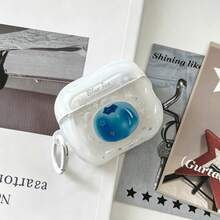 Fresh Healing Blue Planet Blueberry Glitter Earphone Protective Case, Paired With White Round Ring Hook, Clear Semi-Transparent White Background, Decorated With Fine Glitter, Light Blue Small Stars And Minimalist Lines Inside, With A Rounded Blue Planet Pattern Printed In The Center And "Blue Sea" English Text, Full Of Ocean Atmosphere. Wavy Rounded Case Edges, Soft Transparent And Lightweight Body, Fits Earphone Contour, Precise Charging Port Cutout - Clear - View 1