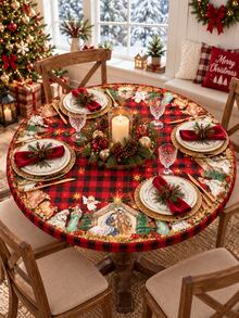 2pcs Red Buffalo Plaid Nativity Elastic Tablecloth Set, Vintage Christmas Stretch Polyester Round & Square Fitted Table Covers With Snug Edge, Wrinkle-Resistant Decor For Holiday Dining, Party, Kitchen & Winter Home - Multicolor - View 3