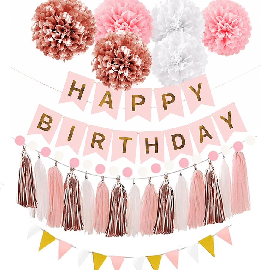 Rose Gold Women & Girls Birthday Party Decoration Set, Includes Happy Birthday Banner, Pink Paper Tassels, Tulle Paper Pom Poms, Round Wreath, Balloons, Party Decor - Rose Gold White Tassel Set - View 1