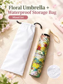 1pc Women's Umbrella, UPF50+ UV Protection Sun Umbrella (Floral Umbrella Is Main Product, Waterproof Storage Bag Is Accessory), Floral Pattern, Portable Travel Umbrella, Strong Waterproof Performance, 8 Reinforced Ribs, Women's Gift - Multicolor - View 4