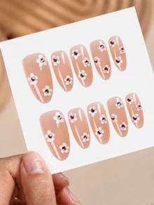 10pcs Almond Shaped Rhinestone Flower Press-On Nails, Short Fake Nails, Autumn Nude Pink Gentle Style Nail Art, Y2K French Delicate Flower Design, White Flower & Rhinestone Decor, Transparent Jelly Effect, Versatile For All Hands, Includes Nail Tools, Quick Application & Removal, Suitable For Various Occasions, For Women & Girls - Pink - View 7