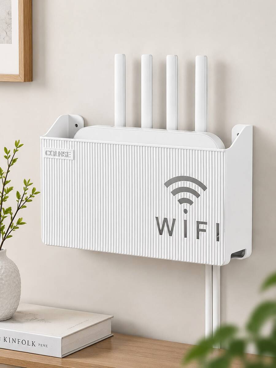 1pc Wall-Mounted WiFi Router Storage Box, Striped Cable Management Organizer, Hollow Ventilated Modem Hiding Box, Suitable For Power Strip, Wires, Cables, Essential Floating Wall Display Rack For Home Office, Rental Apartment, College Dorm
