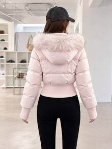 Women's Pink Quilted Padded Coat With Hood And Faux Fur Trim, Ribbed Knit Cuffs And Hem, Full Zip Closure, Winter Outfit Essential - Pink - View 10