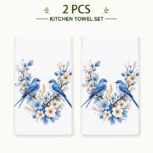 2pcs/Pack White Blue Bird & Floral Pattern Towels, Fresh Nordic Country Style Soft Absorbent Fabric Rectangular Kitchen Hand Towels, Blue Bird, Blue Flower, White Petal & Leaf Print Details, Elegant Natural Plant Theme Design, Suitable For Spring Kitchen, Dining Room, Country Home And Daily Decor. - Multicolor - View 14