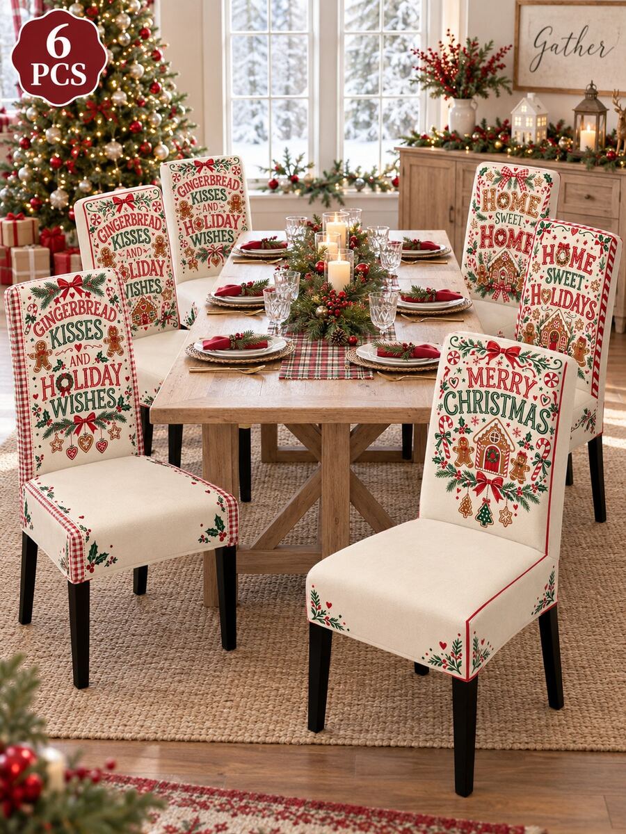 1/6pcs Christmas Chair Covers, Gingerbread Holiday Elastic Chair Covers, Vintage Red & Green Candy Cane Gingerbread House Pattern Chair Protector, Elastic Washable Backrest Covers, Suitable For Christmas Dinner, Christmas Celebration, Indoor Kitchen Dining Room Home Decor - E - View 1