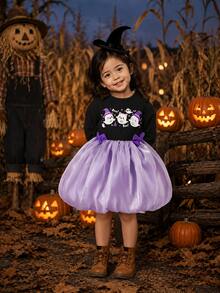 Girls Autumn Fashion Casual Outdoor Cute Halloween Cat Ghost Wizard Hat Star Pattern Bow Long Sleeve Puff Dress - Purple - View 9