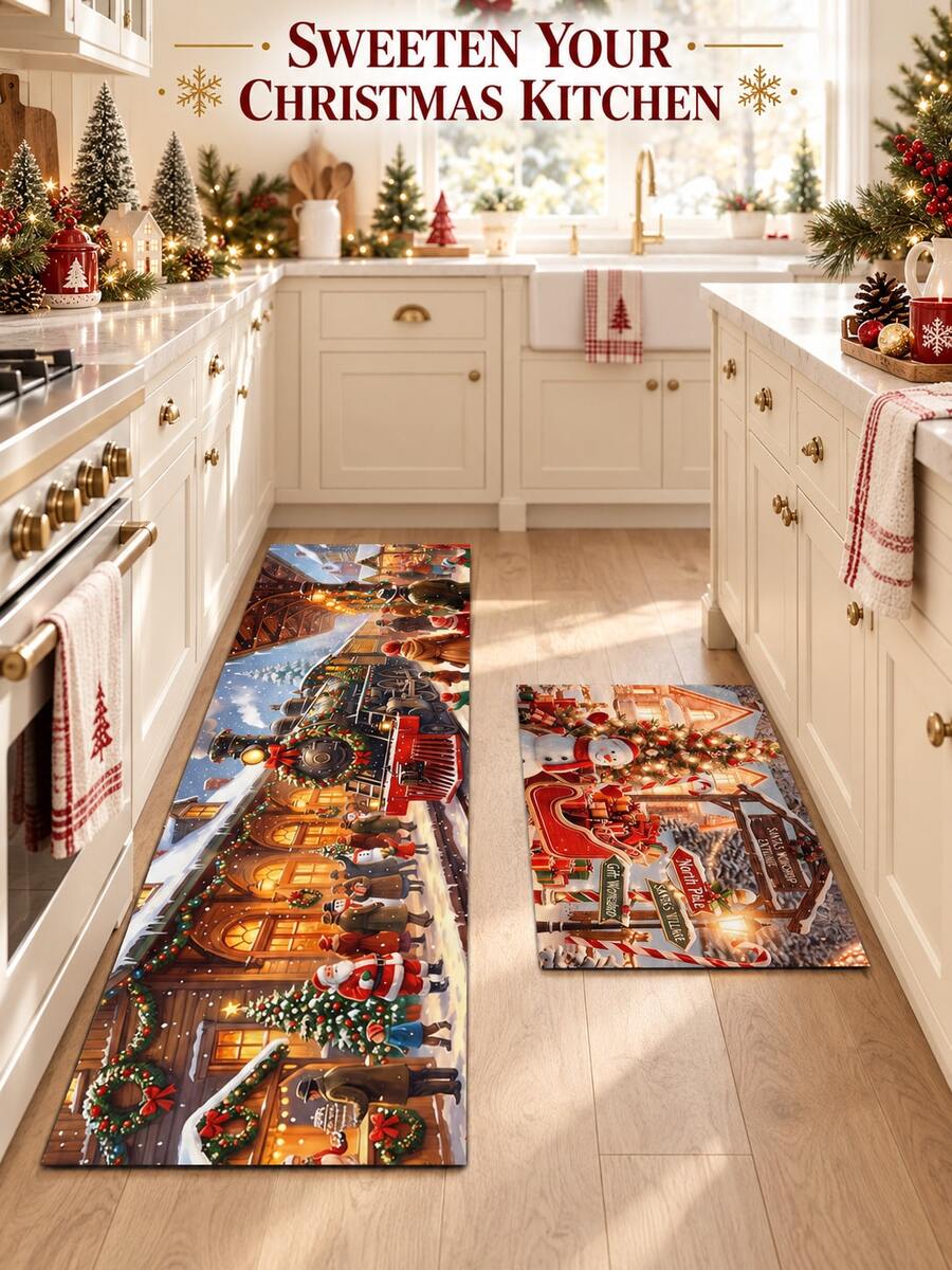 1/2pcs Christmas Kitchen Decor Rug, Merry Christmas, Winter Kitchen Rug And Mat, Non-Slip Washable Absorbent Kitchen Accessories Decor Mat, Christmas Holiday Gift! - Multicolor - View 1