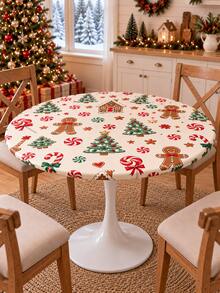 1pc Christmas Rectangular Tablecloth, Gingerbread House Candy Cane Tree Cookie Print Dining Table Cover For Kitchen Dining Room Party, Festive Holiday Table Decor, Home Decor, Room Decor, Christmas Decorations For Home - Multicolor - View 6
