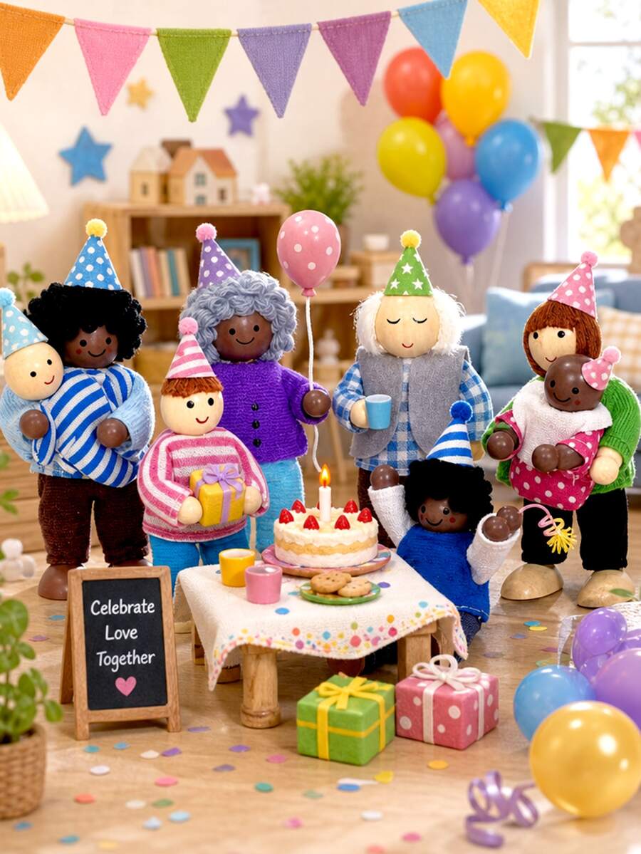 Wooden Doll Figures, 8Pcs Family Wooden Figurine Set, Party Tabletop Decor, Home Desktop Display Ornament, Decorative Statue Gift For Celebration - 8pcs Figure - View 1