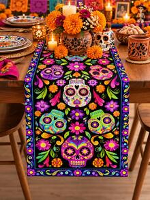 1pc Colorful Day Of The Dead Skull Table Runner, Rustic Boho Linen Rectangular Table Scarf With Calavera Faces, Marigold Blooms, Botanical Motifs & Decorative Edge, Reusable Dining Decor For Ofrenda, Halloween Party, Kitchen & Fall - Multicolor - View 3
