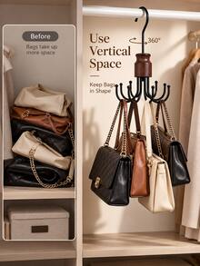 Vintage Style Wooden & Iron Rotating Storage Hook Rack, 8 Curved Round Head Hooks, 360° Rotating Design, Space-Saving Vertical Hanging Organizer, Suitable For Handbags, Scarves, Belts, Hats, Ideal For Daily Home Storage, Bedroom And Closet Use, All Seasons - Multicolor - View 2