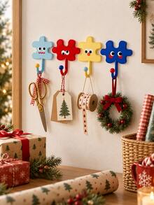 Cute Cartoon Puzzle Shape Adhesive Hook, No Drill Wall Mount Hanger, Colorful Versatile Self Adhesive Hook For Bag Hair Accessory Key, Room Wall Decor, Kitchen Bathroom Bedroom Dorm Office Organization, Christmas Valentine's Day Gift - Multicolor - View 5