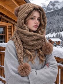 Women's Thick Knitted Hooded Scarf Hat, Vintage Pom Pom Decor Warm Ear Protection Hat, Windproof Neck Warmer 2-In-1 Design, Outdoor Commute Versatile Winter Warm Accessory Gift - A - View 5
