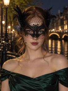 Dark Witch Black Lace Feather Butterfly Masquerade Mask Mesh Veil Beaded Gothic Halloween Cosplay Bridal Carnival Wedding Party - Black - View 2